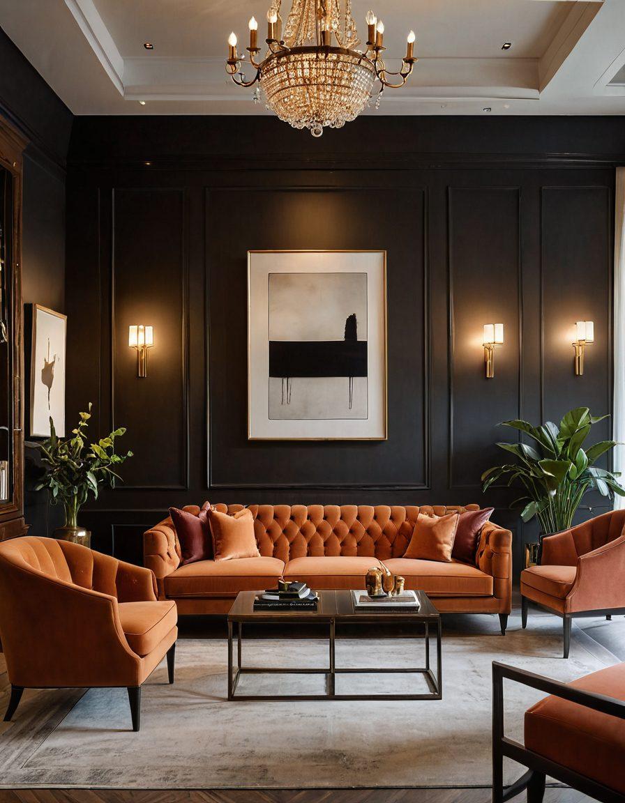 A sophisticated furniture showroom displaying a blend of vintage and modern pieces with a luxurious ambiance. Antique wooden cabinets sit next to sleek minimalist sofas, with chic lighting casting warm glows. A stylish mix of classic and contemporary decor enhances the visual appeal. Super-realistic. Vibrant colors. Elegant atmosphere.