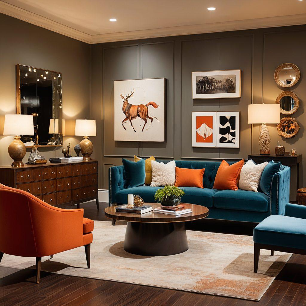 An elegant showroom display with carefully arranged furniture pieces showcasing a spectrum from sleek, modern designs to intricately crafted vintage styles. Highlight sections for luxurious, high-end items as well as chic, budget-friendly options. Warm, inviting lighting, various textures and materials, and a stylish ambiance to draw viewers into the scene. Super-realistic. vibrant colors. warm ambiance.