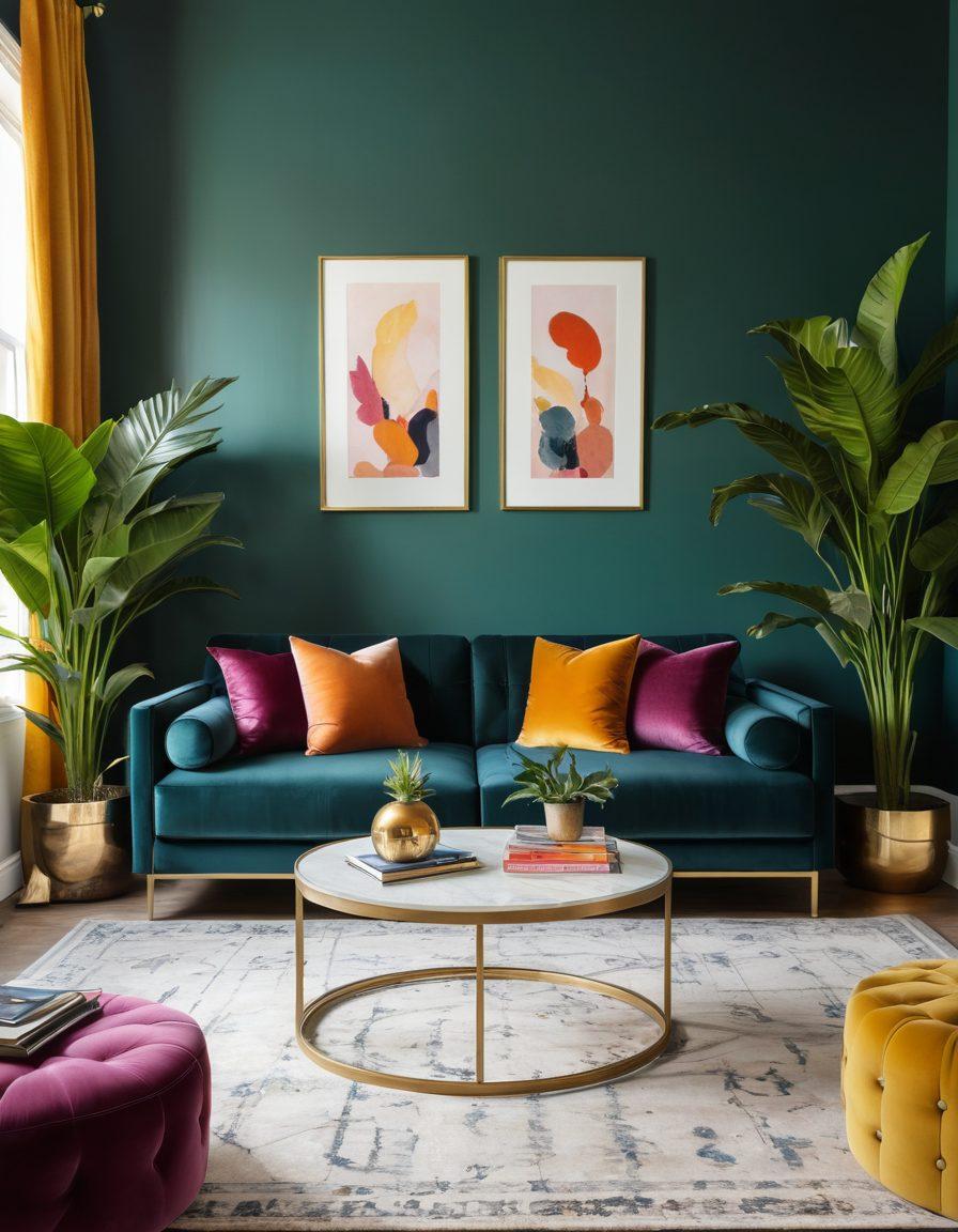A stylish modern living room showcasing a blend of luxury and affordable decor - a plush velvet sofa in rich hues, a sleek coffee table with metallic accents, lush indoor plants, and budget-friendly art pieces on the walls. A cozy corner with a chic reading lamp and a soft throw blanket draped over an armchair. Vibrant colors. super-realistic.